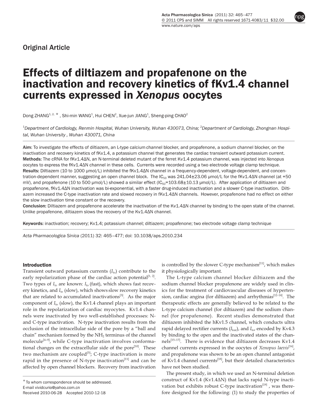 Effects of Diltiazem and Propafenone on the Inactivation and Recovery Kinetics of Fkv1.4 Channel Currents Expressed in Xenopus Oocytes