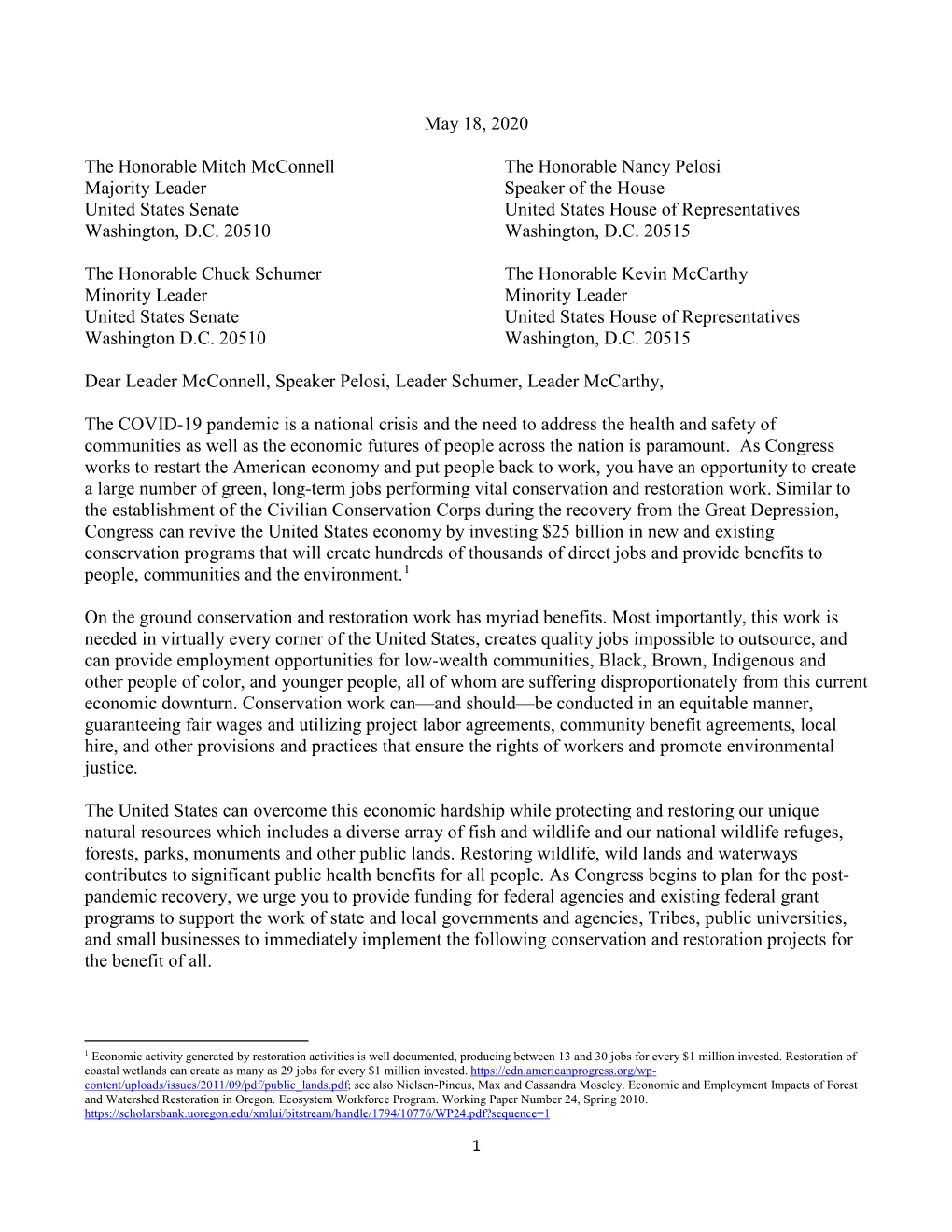 Congressional Wildlife Stimulus Letter