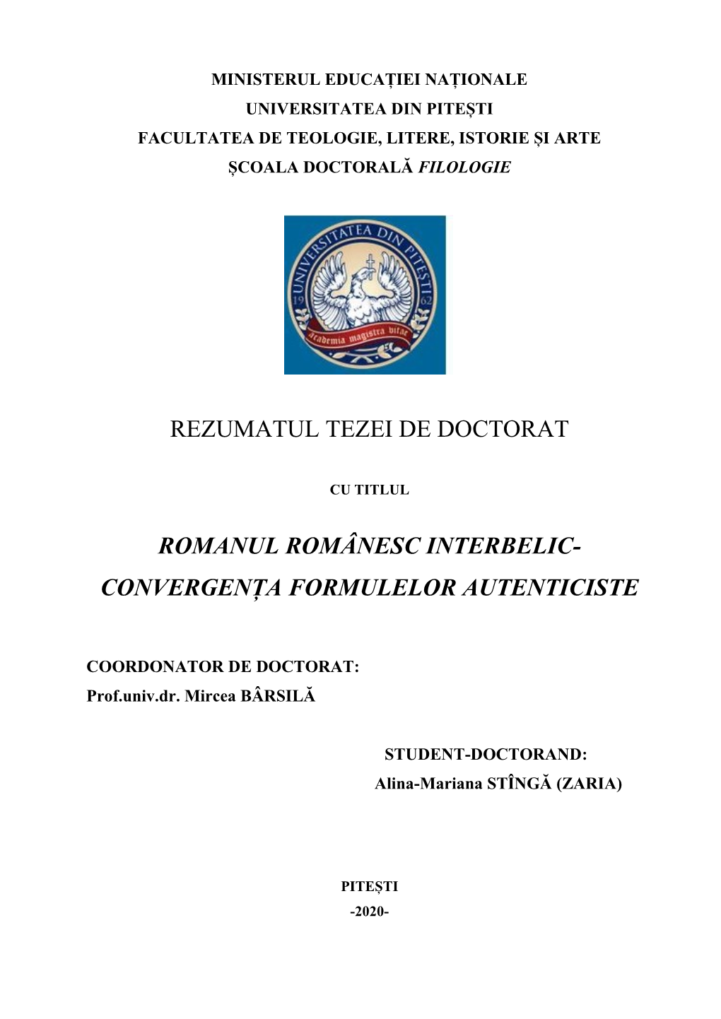 Rezumatul Tezei De Doctorat Romanul Românesc