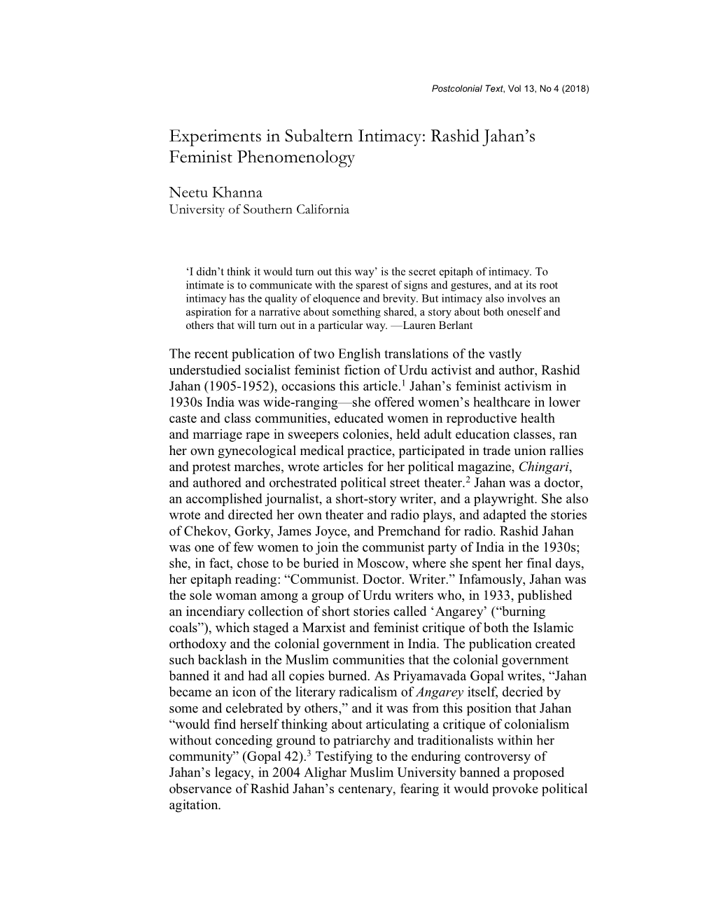 Rashid Jahan's Feminist Phenomenology