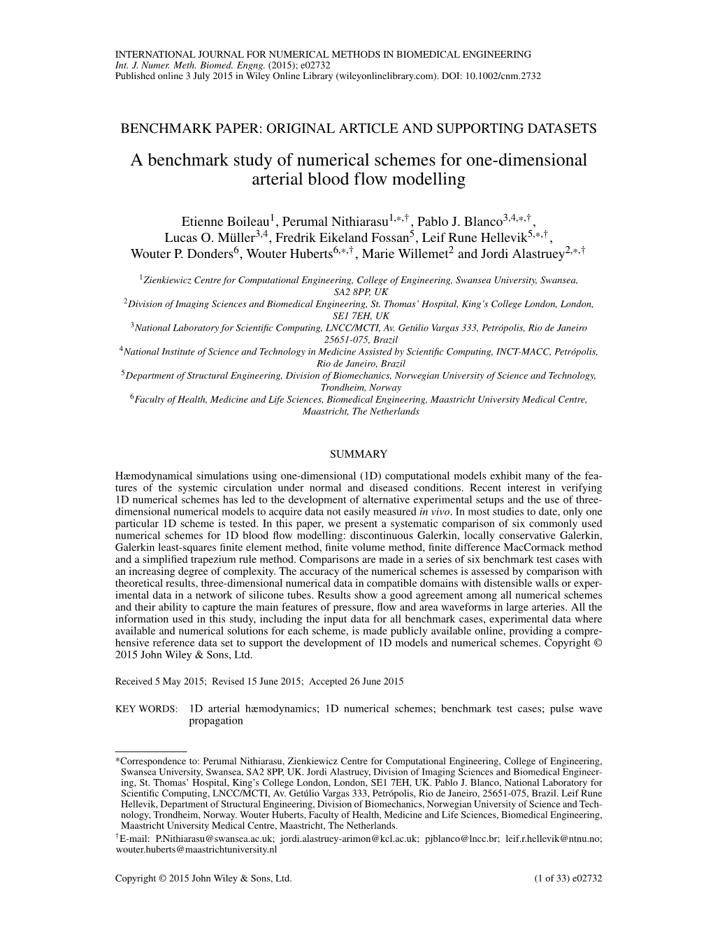 A Benchmark Study of Numerical Schemes for One-Dimensional Arterial Blood Flow Modelling