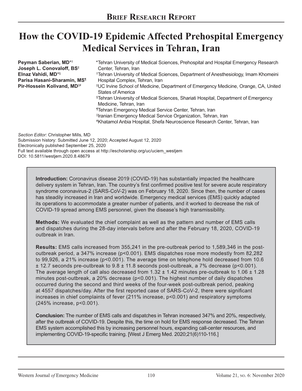 How the COVID-19 Epidemic Affected Prehospital Emergency Medical Services in Tehran, Iran