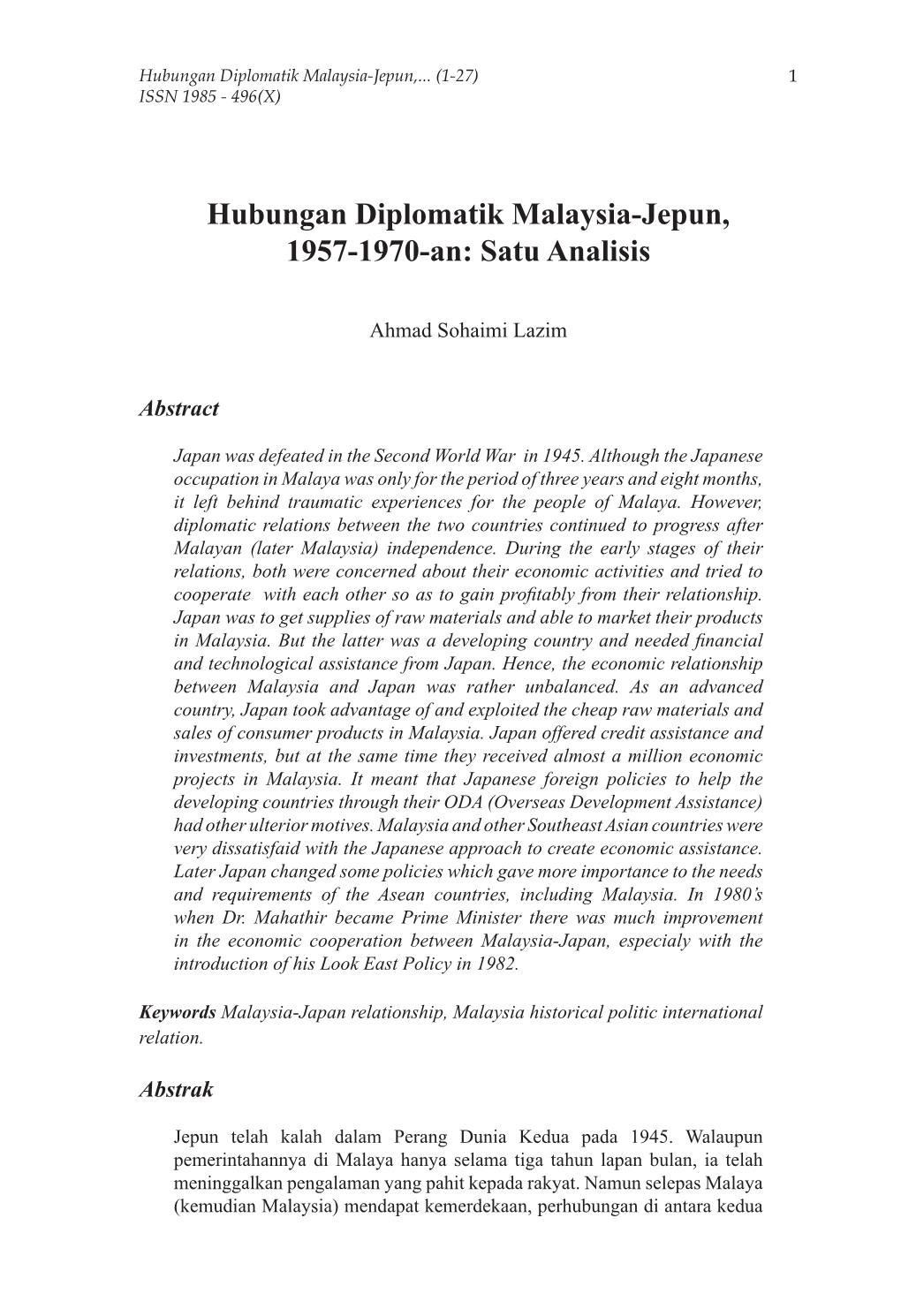 Hubungan Diplomatik Malaysia-Jepun, 1957-1970-An: Satu Analisis