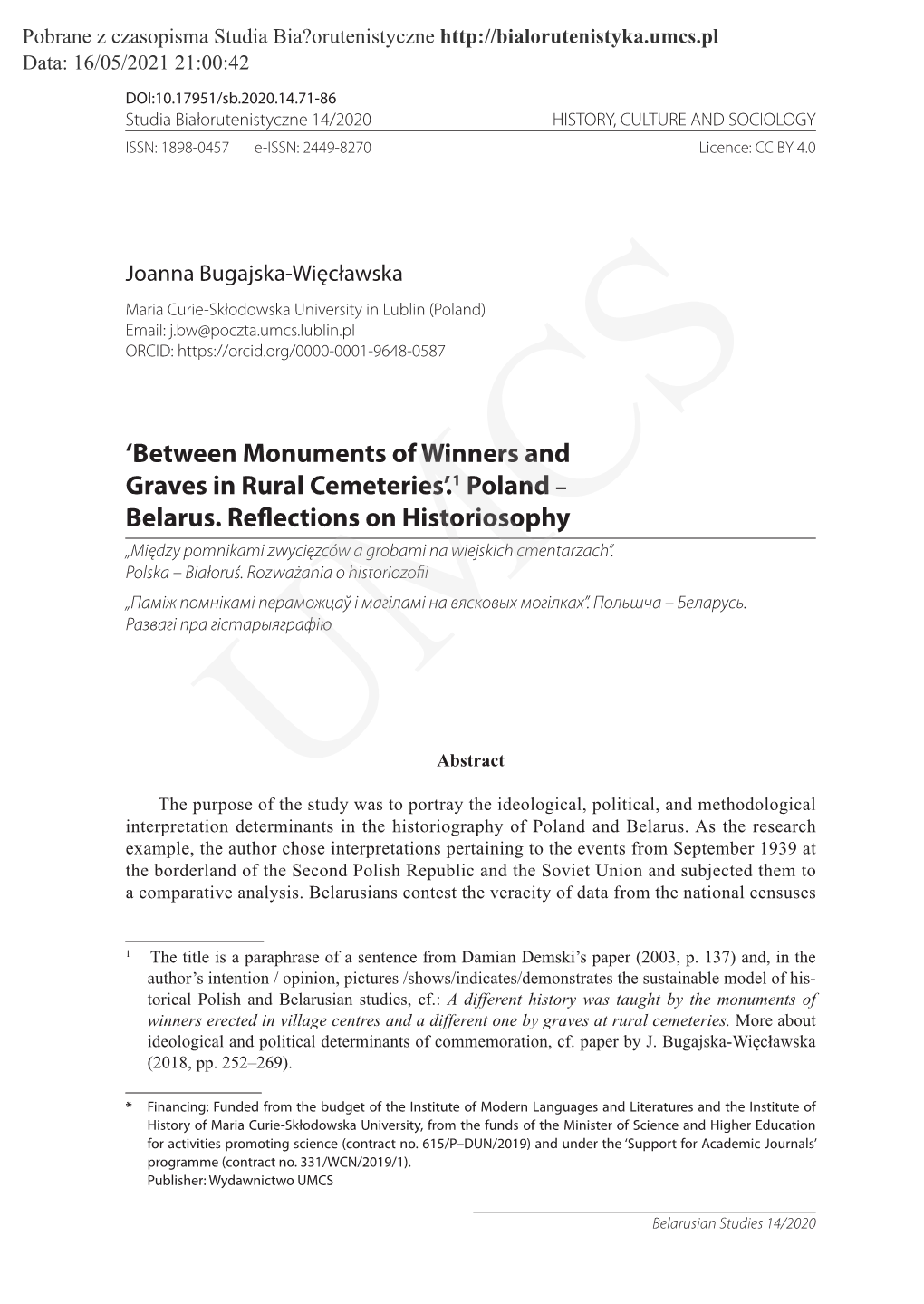 'Between Monuments of Winners and Graves in Rural Cemeteries'.1 Poland – Belarus. Reflections on Historiosophy