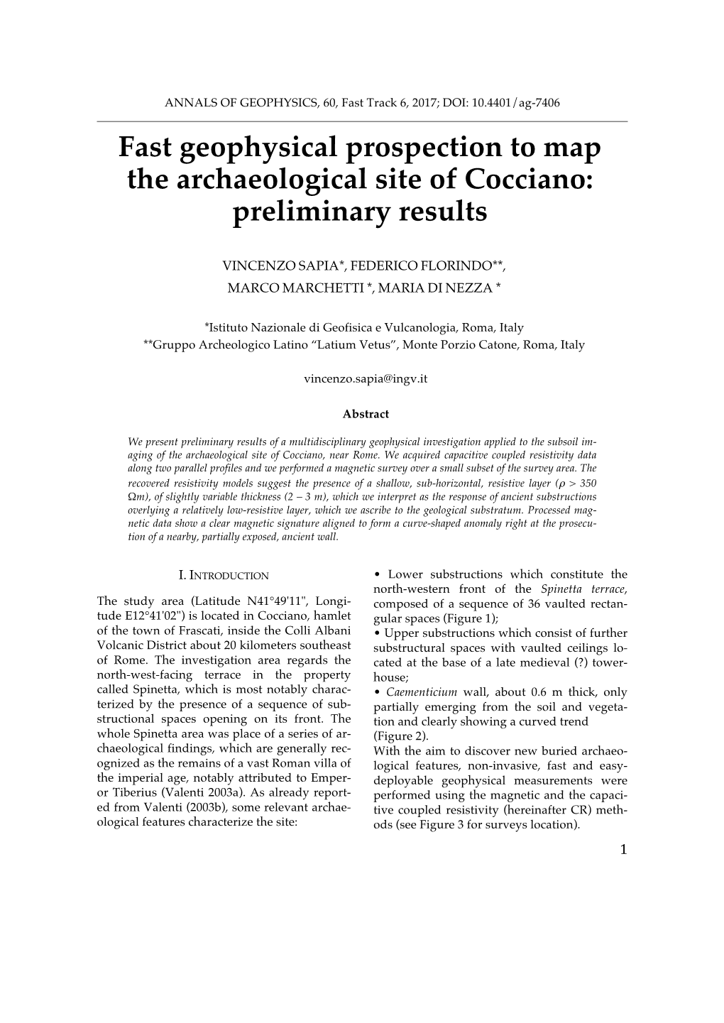 Fast Geophysical Prospection to Map the Archaeological Site of Cocciano: Preliminary Results
