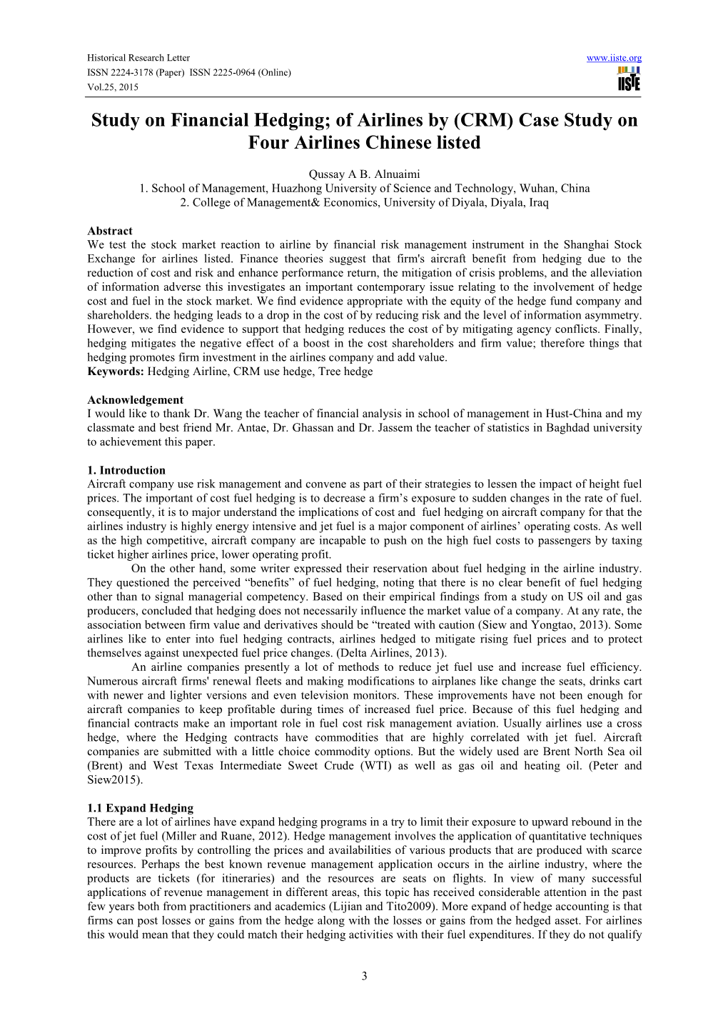 Study on Financial Hedging; of Airlines by (CRM) Case Study on Four Airlines Chinese Listed