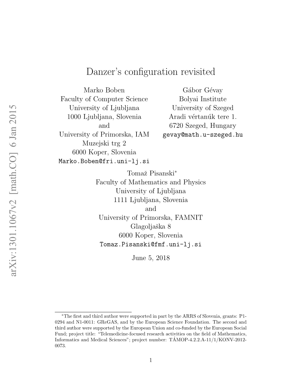 Danzer's Configuration Revisited Arxiv:1301.1067V2 [Math.CO] 6 Jan 2015