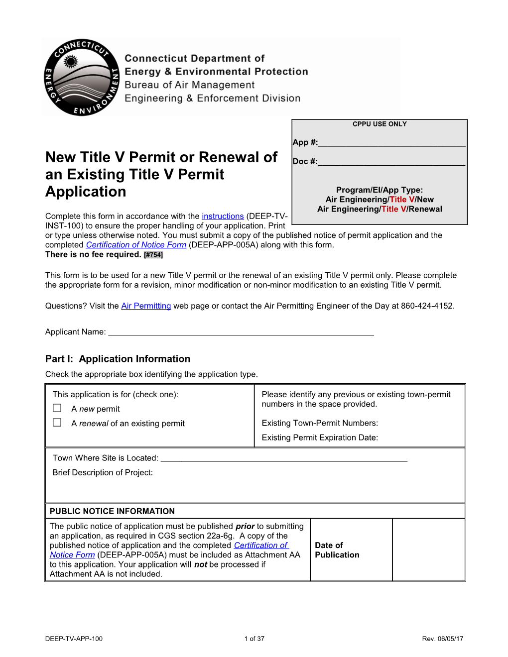 Permit Application for Title V Stationary Sorces of Air Pollution