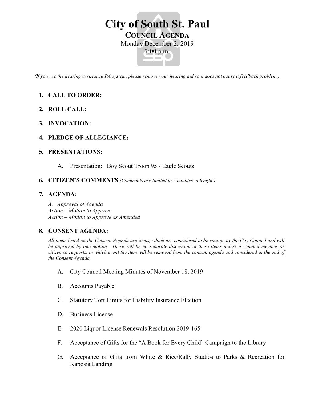 12.2.2019 City Council Agenda Packet