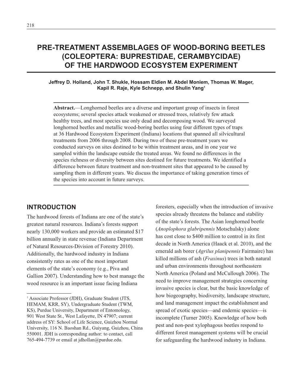 Pre-Treatment Assemblages of Wood-Boring Beetles (Coleoptera: Buprestidae, Cerambycidae) of the Hardwood Ecosystem Experiment