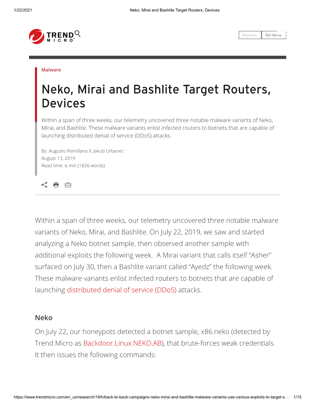 Neko, Mirai and Bashlite Target Routers, Devices