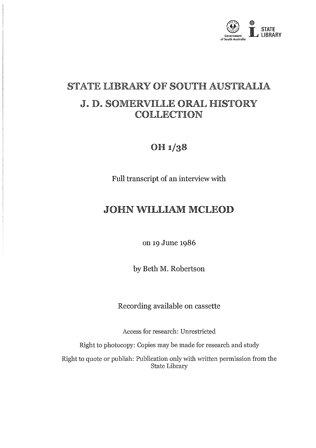 State !Ai P A. Py of South Australia J. D. Somerville Oral History Collect' •N