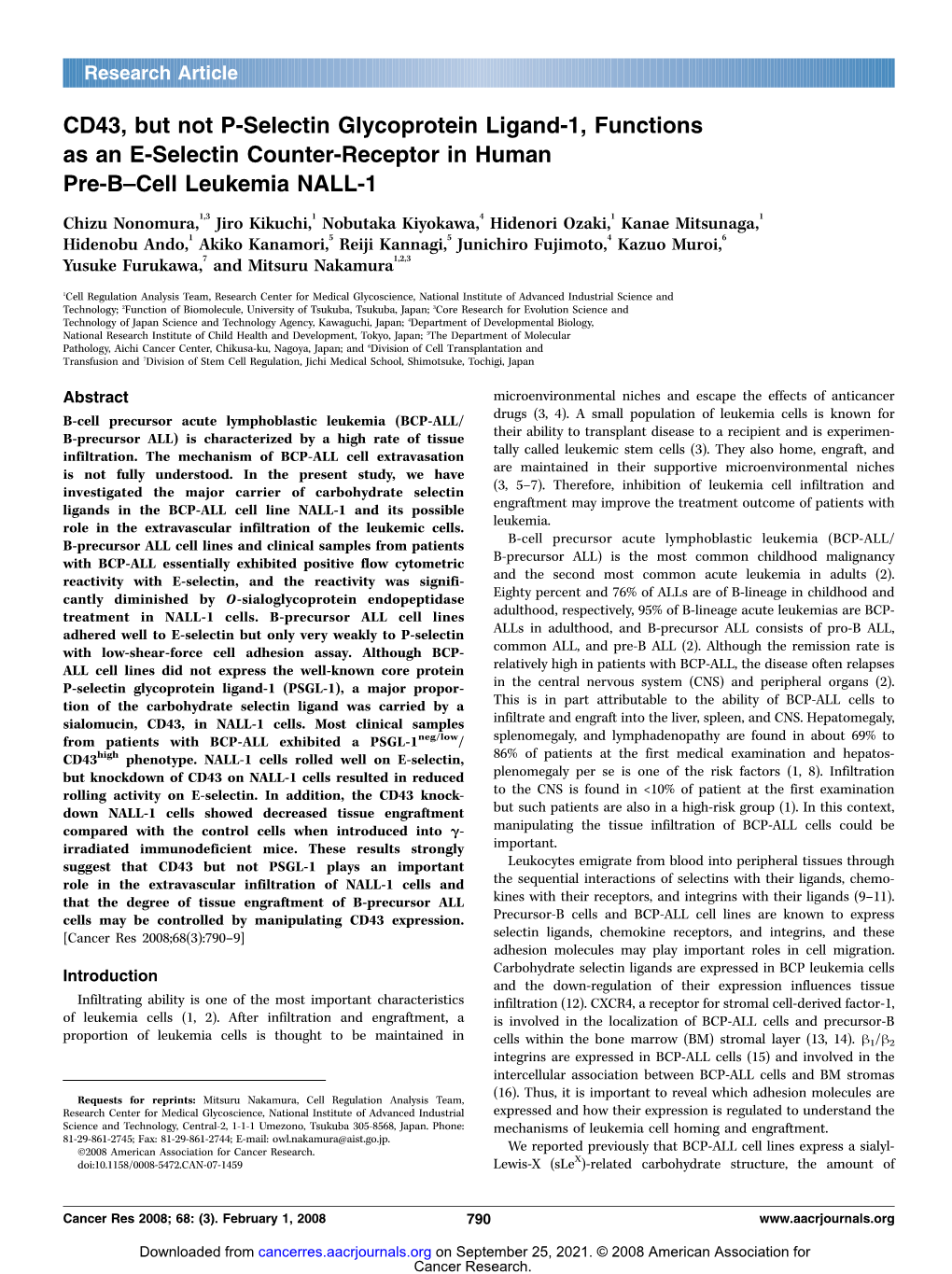 CD43, but Not P-Selectin Glycoprotein Ligand-1, Functions As an E-Selectin Counter-Receptor in Human Pre-B–Cell Leukemia NALL-1