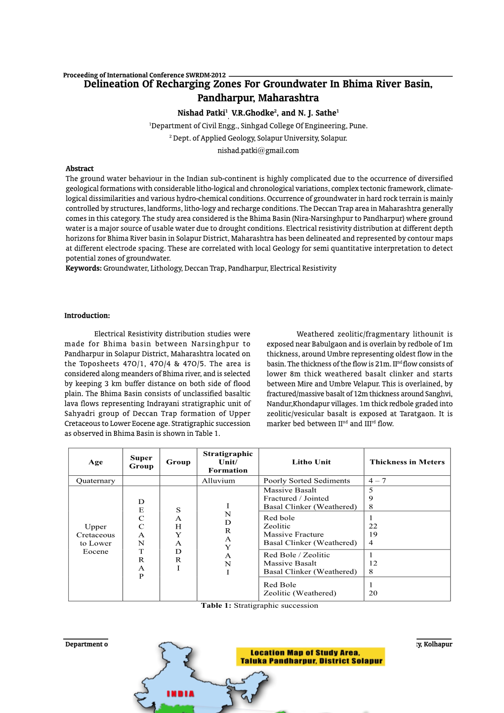 Delineation of Recharging Zones for Groundwater in Bhima River Basin, Pandharpur, Maharashtra 1 2 1 Nishad Patki , V.R.Ghodke , and N