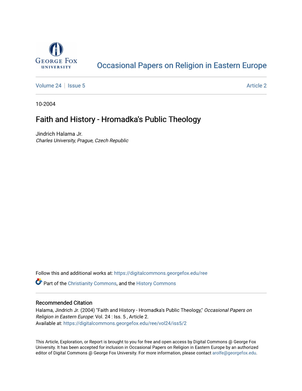 Faith and History - Hromadka's Public Theology
