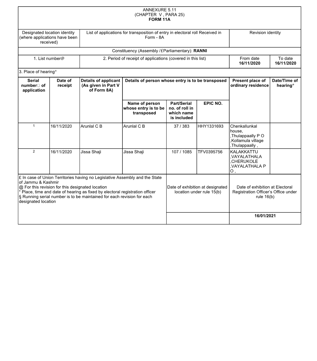 FORM 11A Designated Location Identity