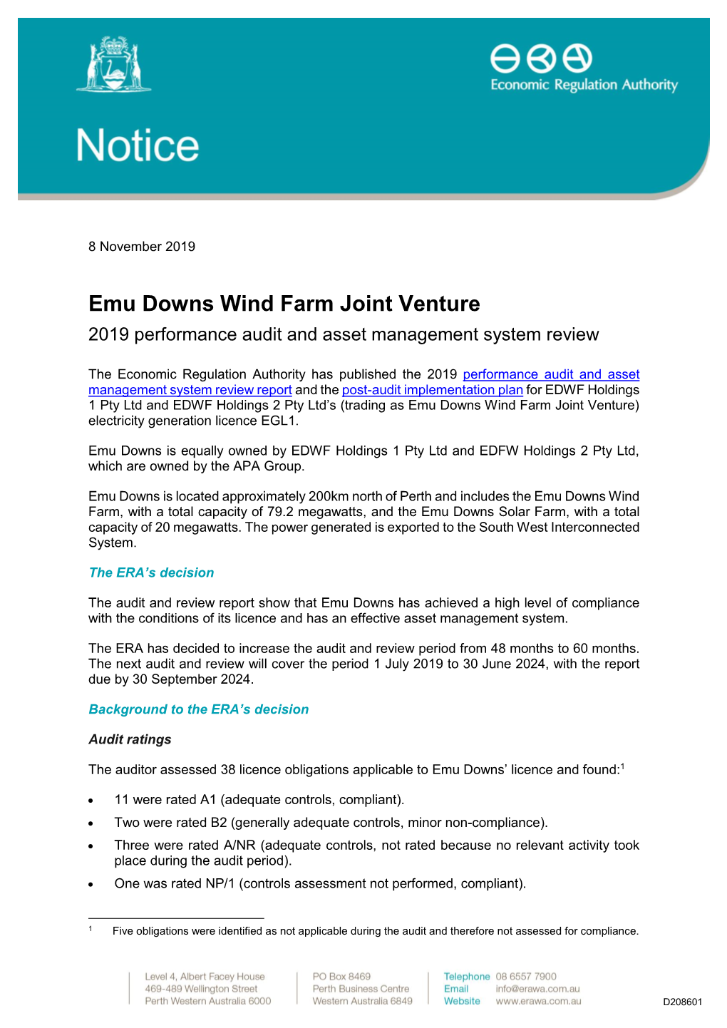 Emu Downs Wind Farm Joint Venture 2019 Performance Audit and Asset Management System Review