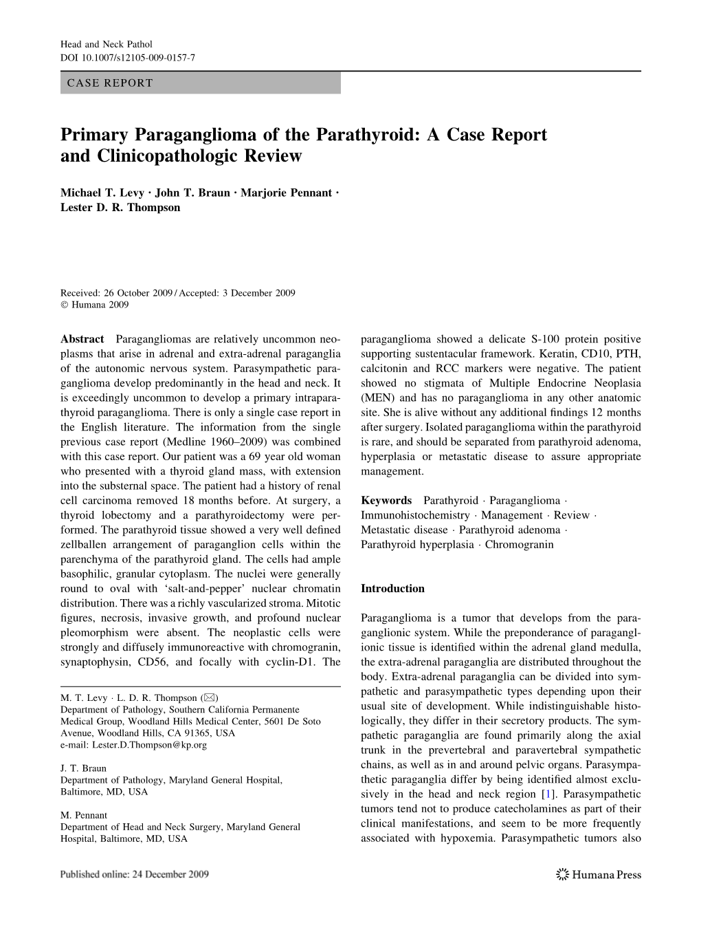 Primary Paraganglioma of the Parathyroid: a Case Report and Clinicopathologic Review