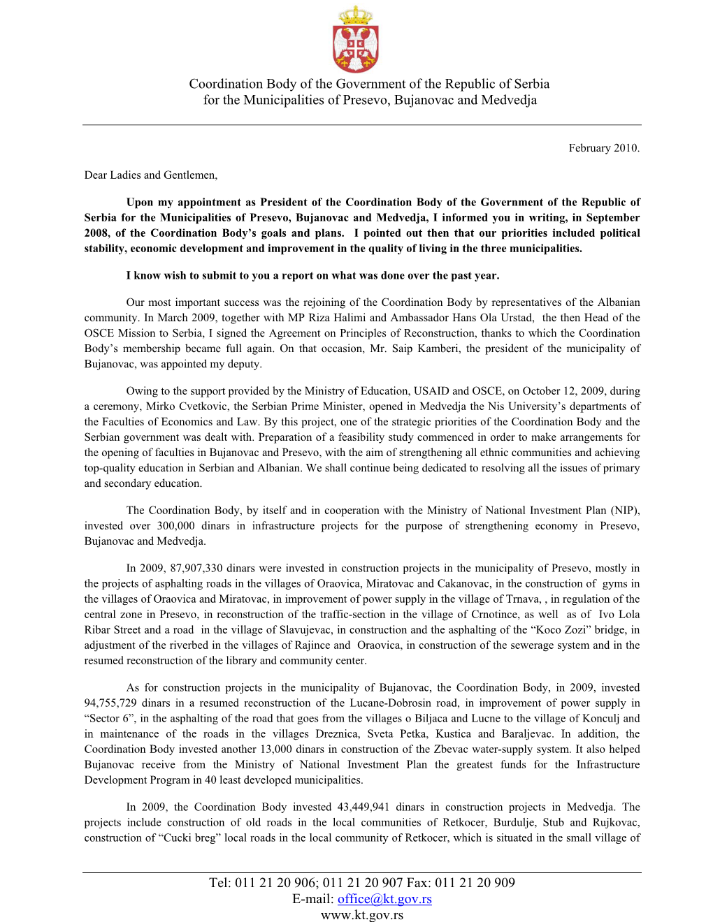 Coordination Body of the Government of the Republic of Serbia for the Municipalities of Presevo, Bujanovac and Medvedja