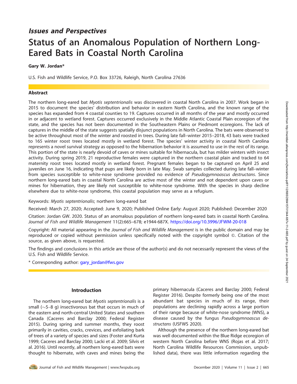 Status of an Anomalous Population of Northern Long- Eared Bats in Coastal North Carolina