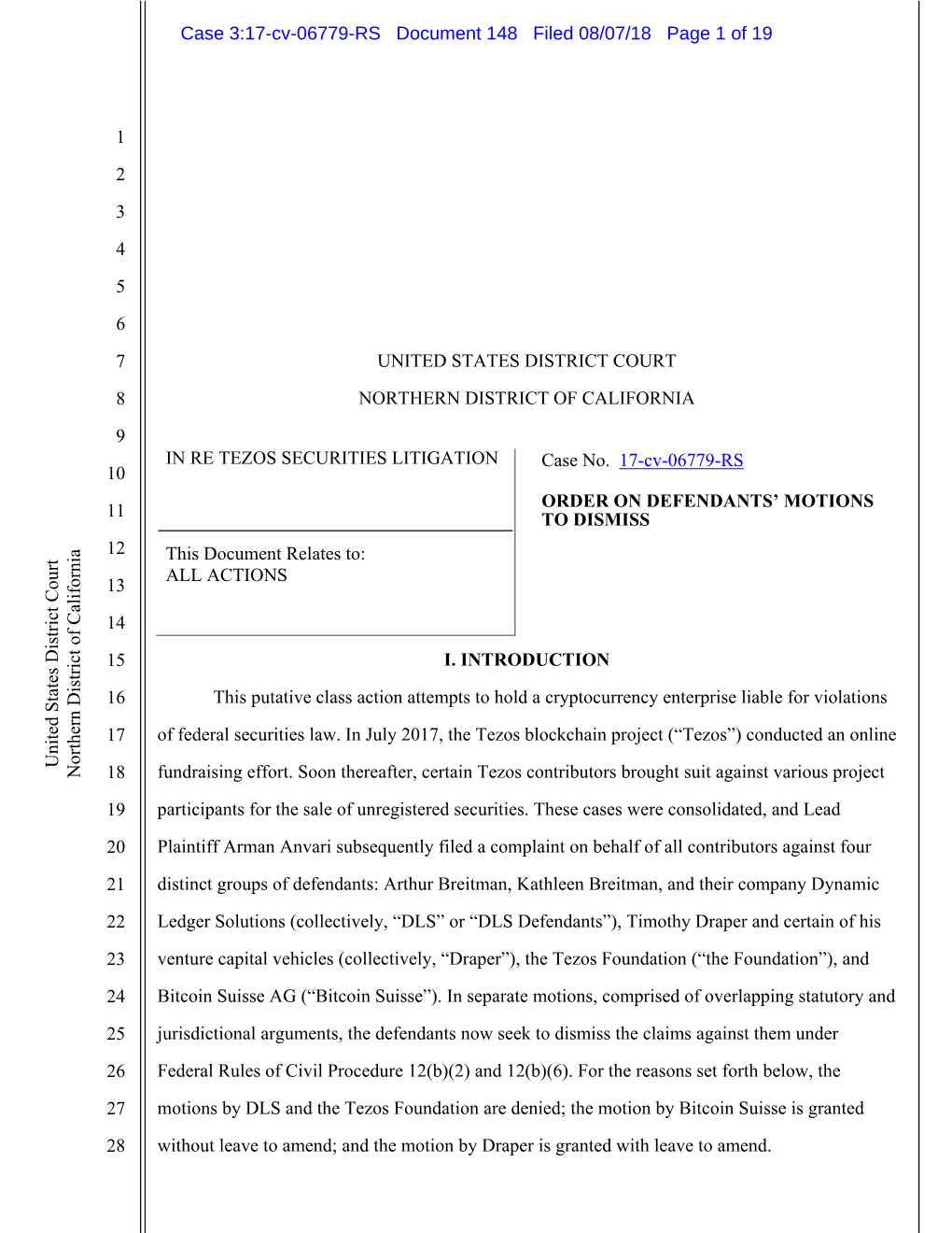 In Re Tezos Securities Litigation 17-CV-06779-Order on Defendants