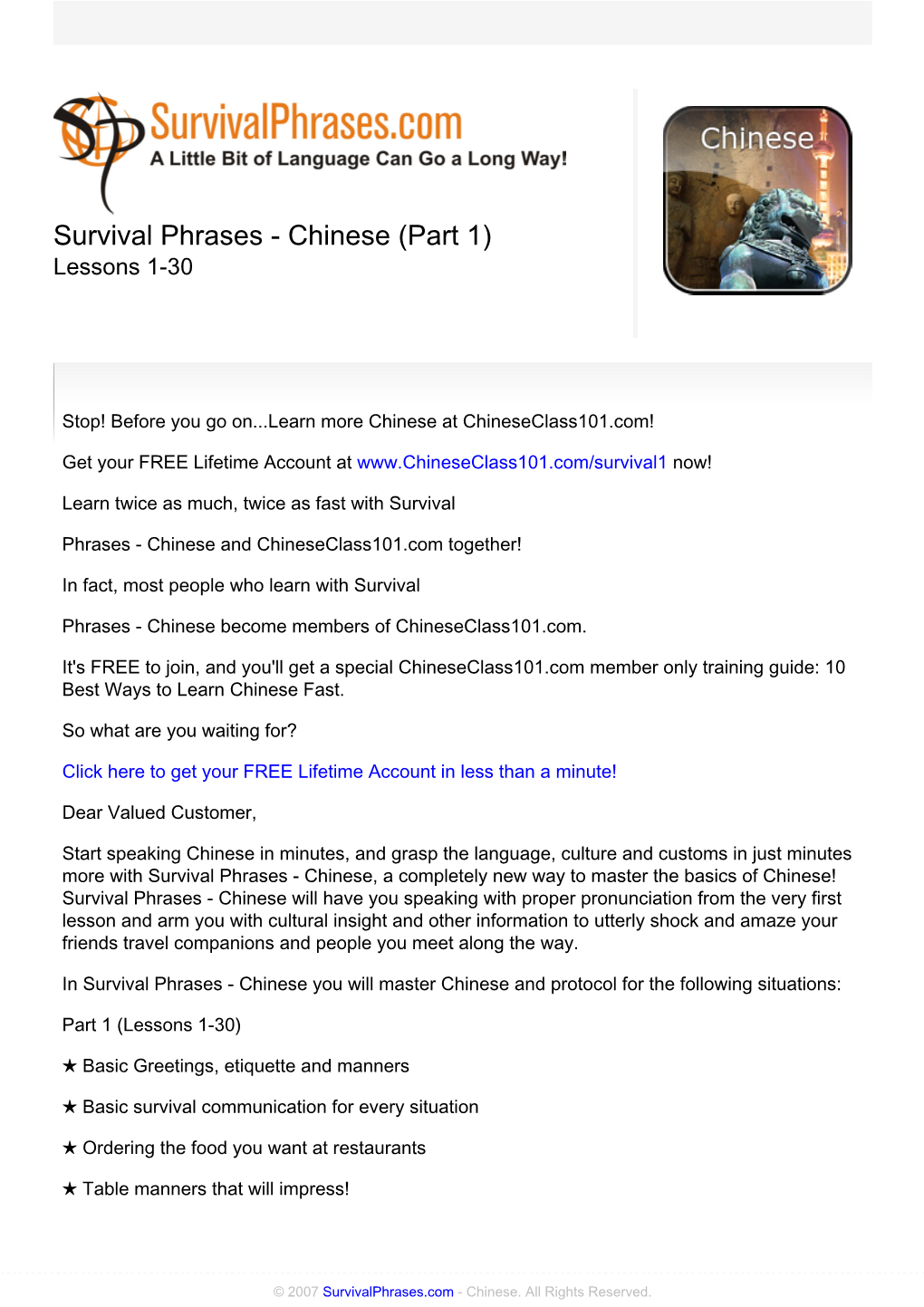 Survival Phrases - Chinese (Part 1) Lessons 1-30