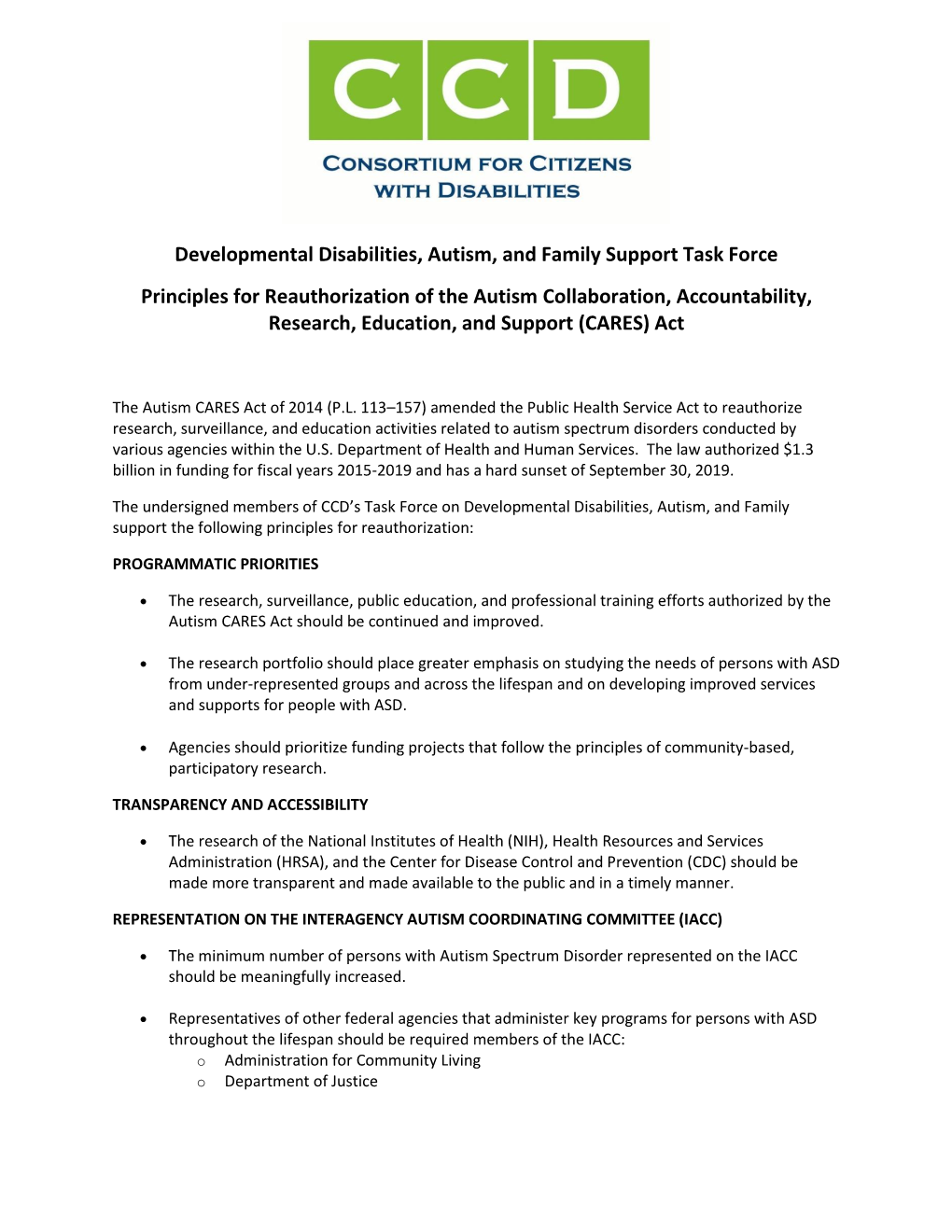 DD, Autism, & Family Support Task Force Principles for Autism CARES Act Reauthorization