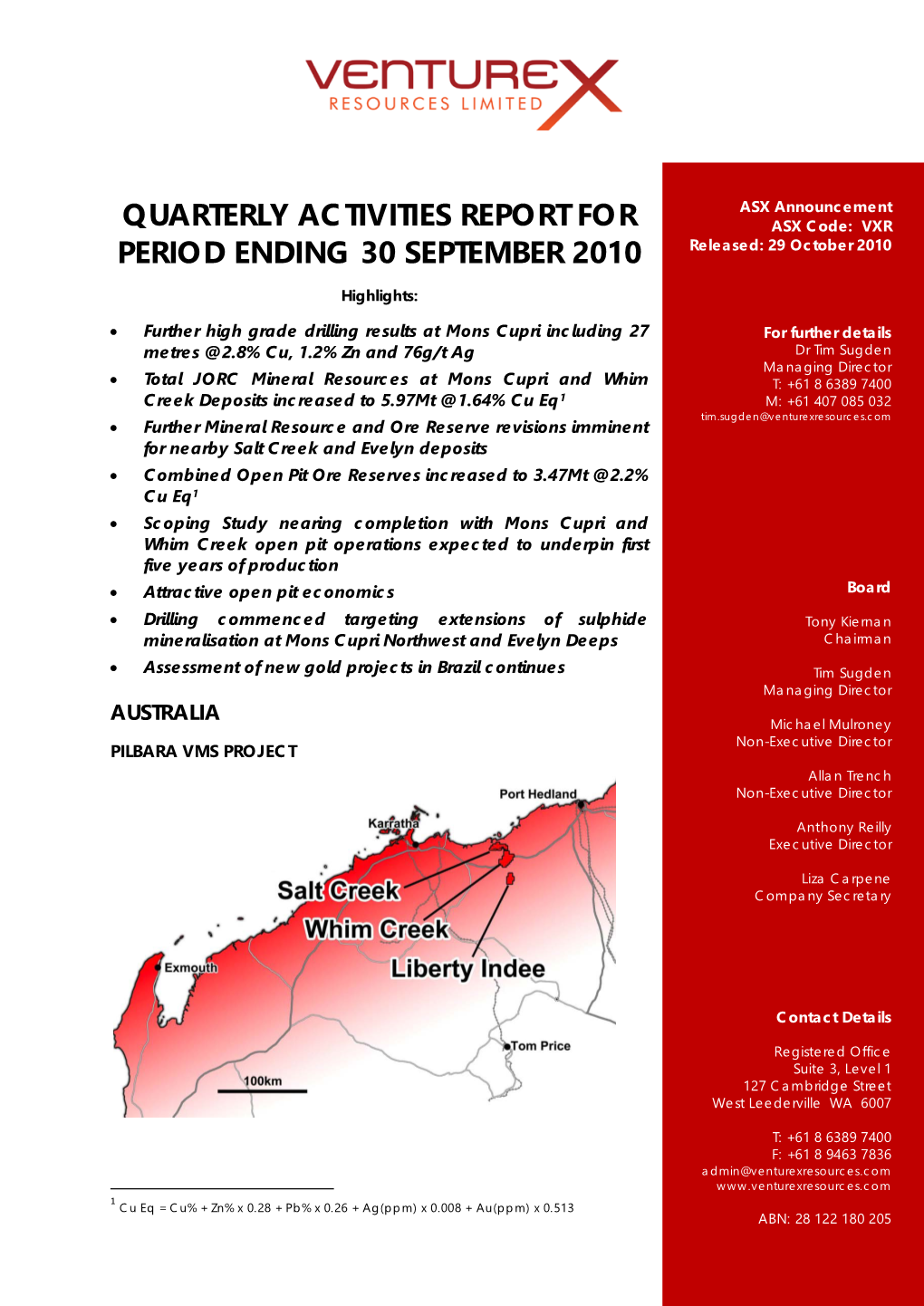 Quarterly Activities Report for Period Ending 30