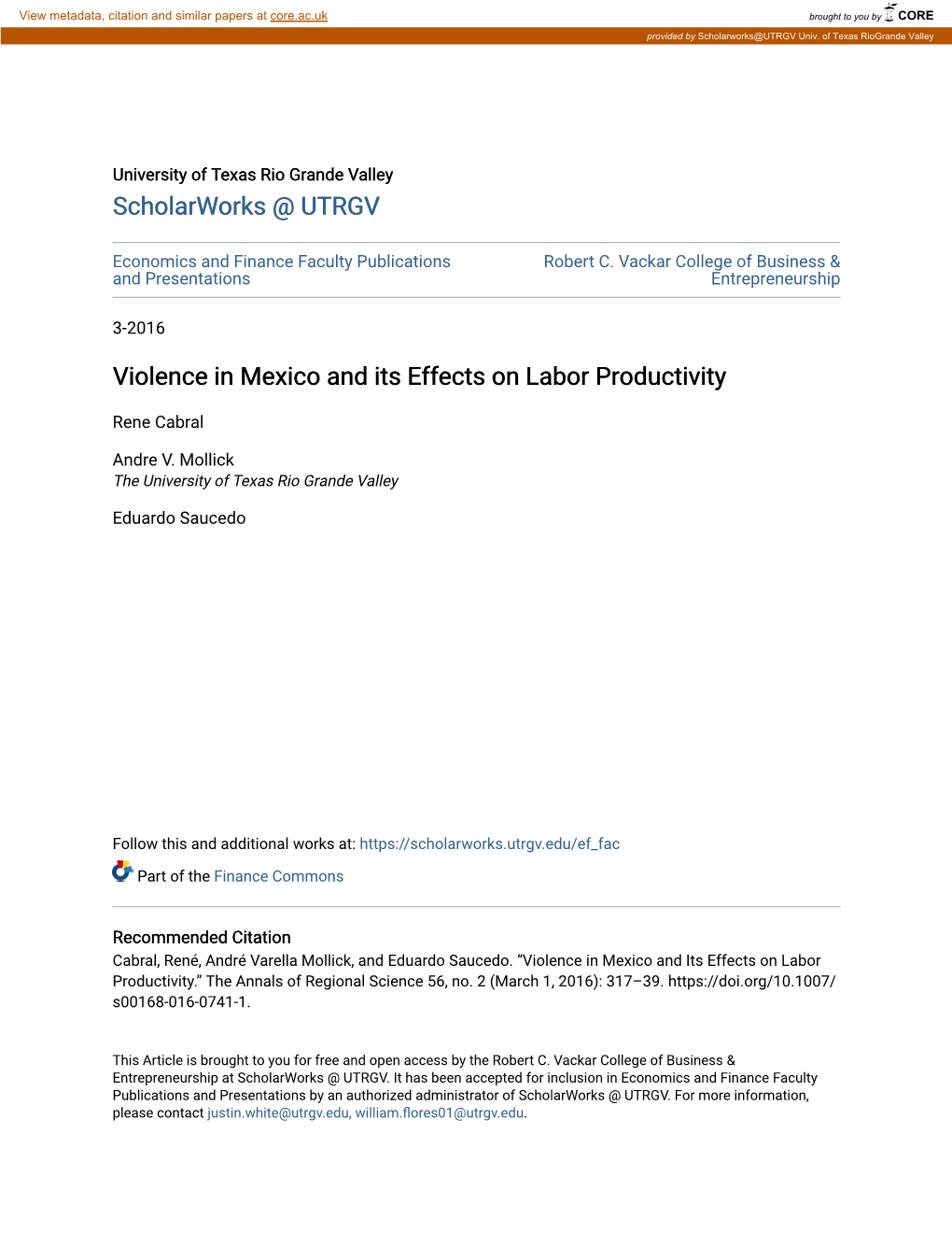 Violence in Mexico and Its Effects on Labor Productivity