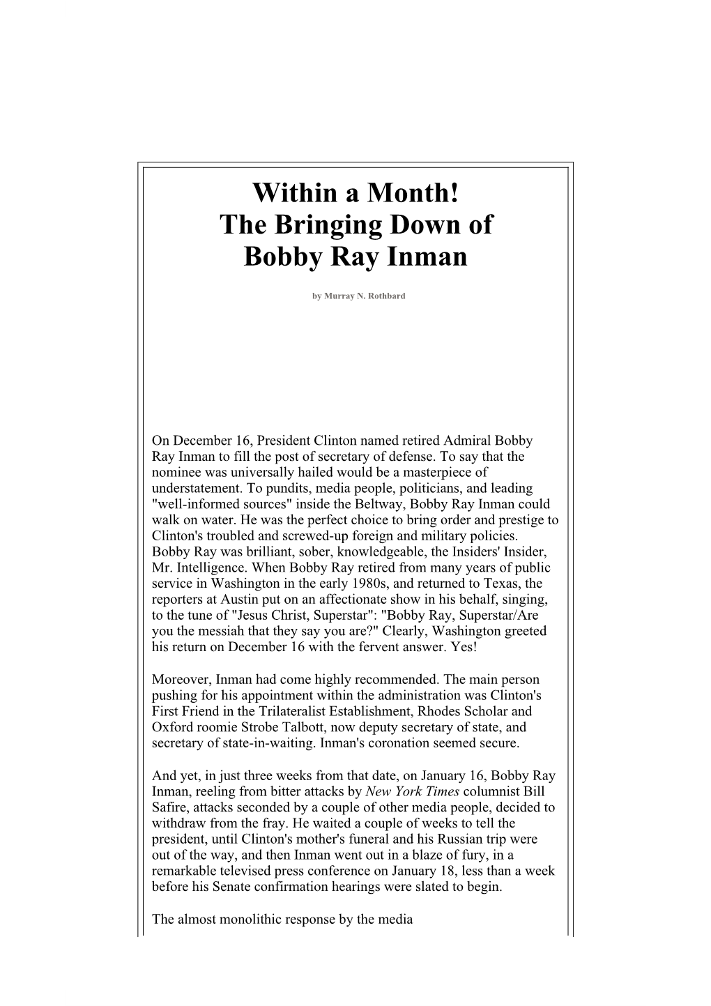 Within a Month! the Bringing Down of Bobby Ray Inman