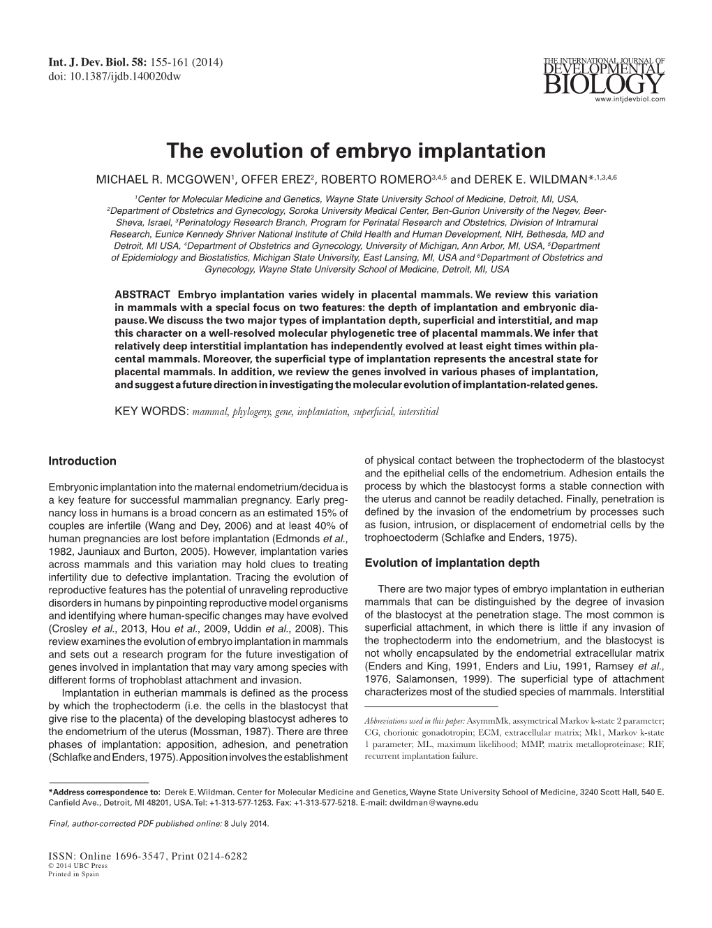 The Evolution of Embryo Implantation MICHAEL R