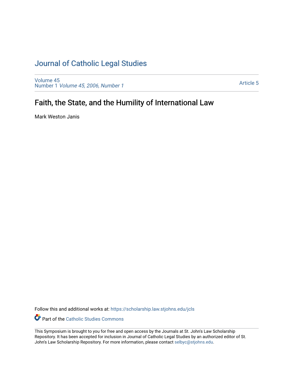 Faith, the State, and the Humility of International Law