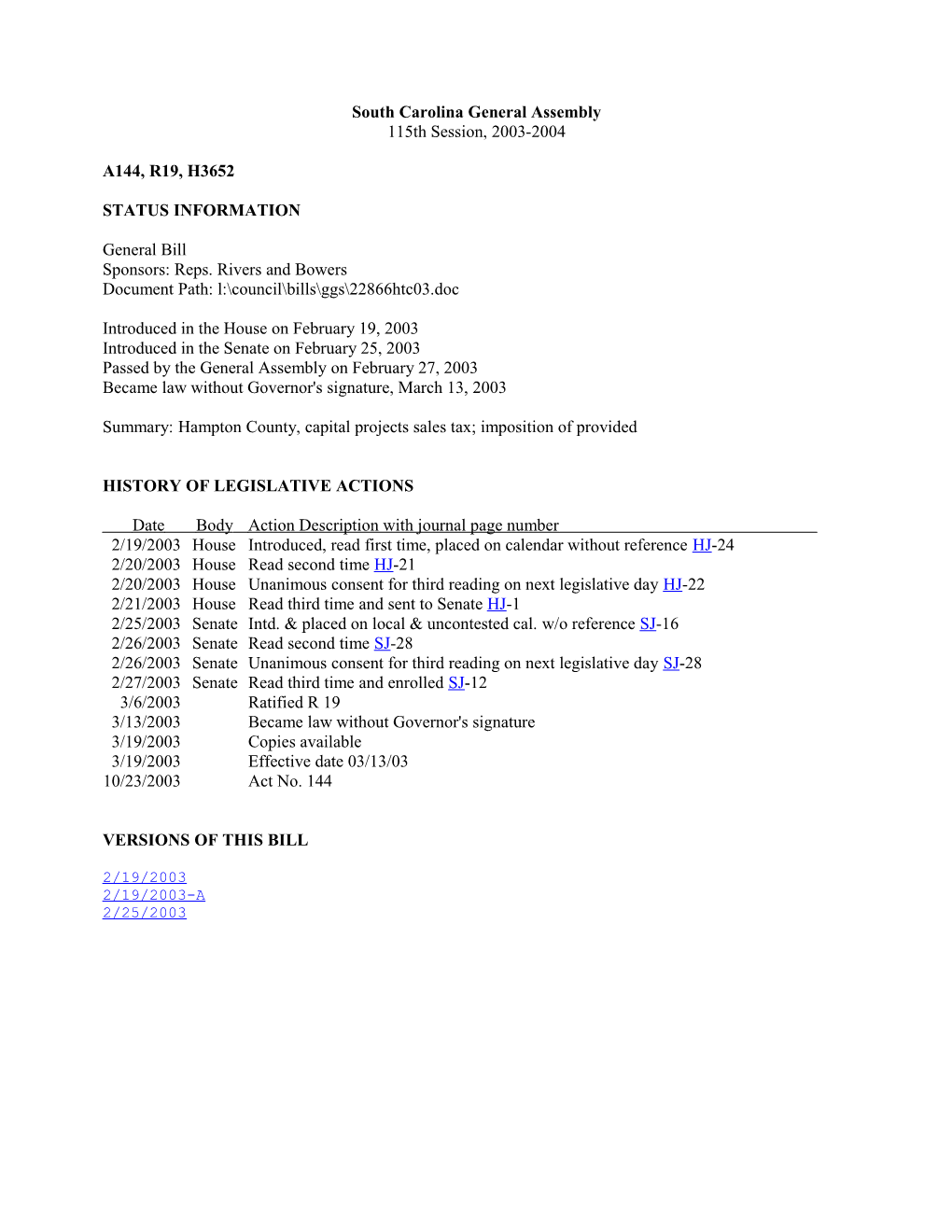 2003-2004 Bill 3652: Hampton County, Capital Projects Sales Tax; Imposition of Provided