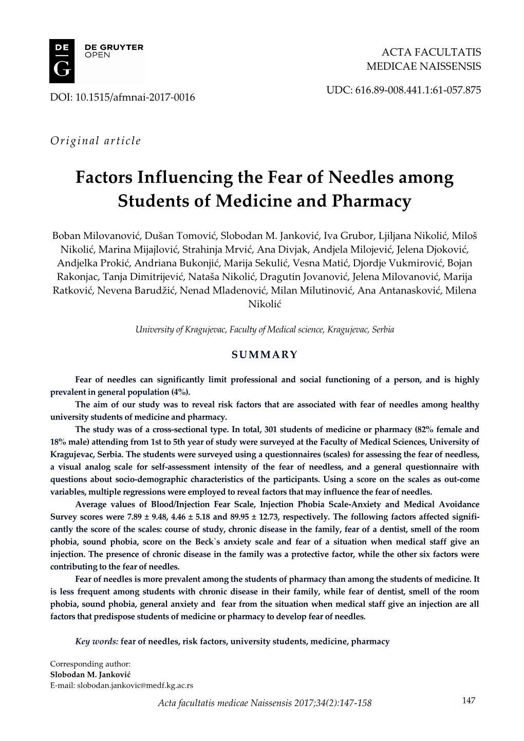 Factors Influencing the Fear of Needles Among Students of Medicine and Pharmacy