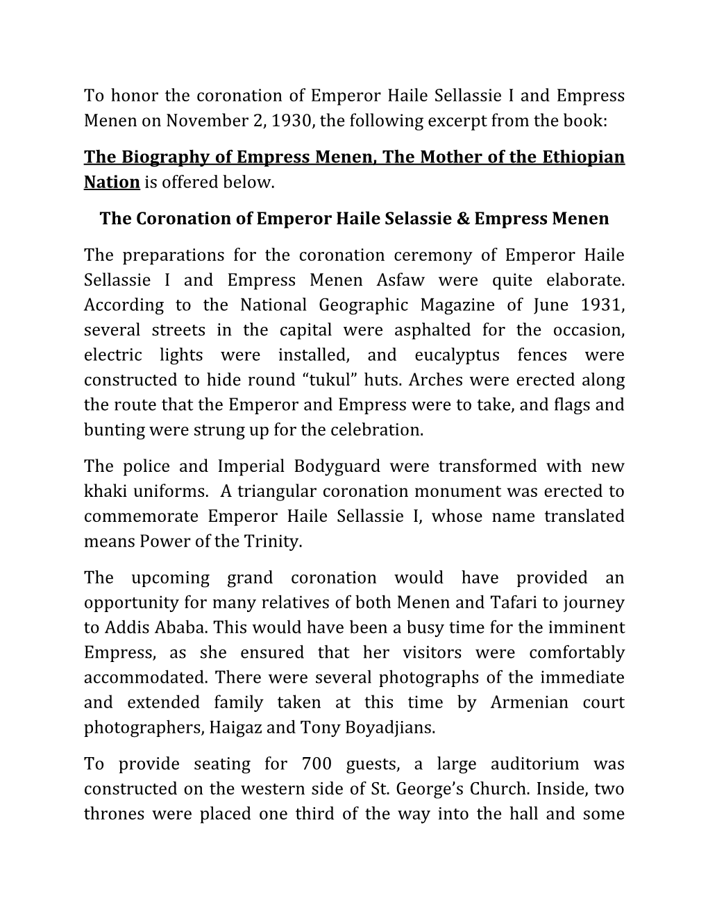 To Honor the Coronation of Emperor Haile Sellassie I and Empress Menen on November 2, 1930, the Following Excerpt from the Book