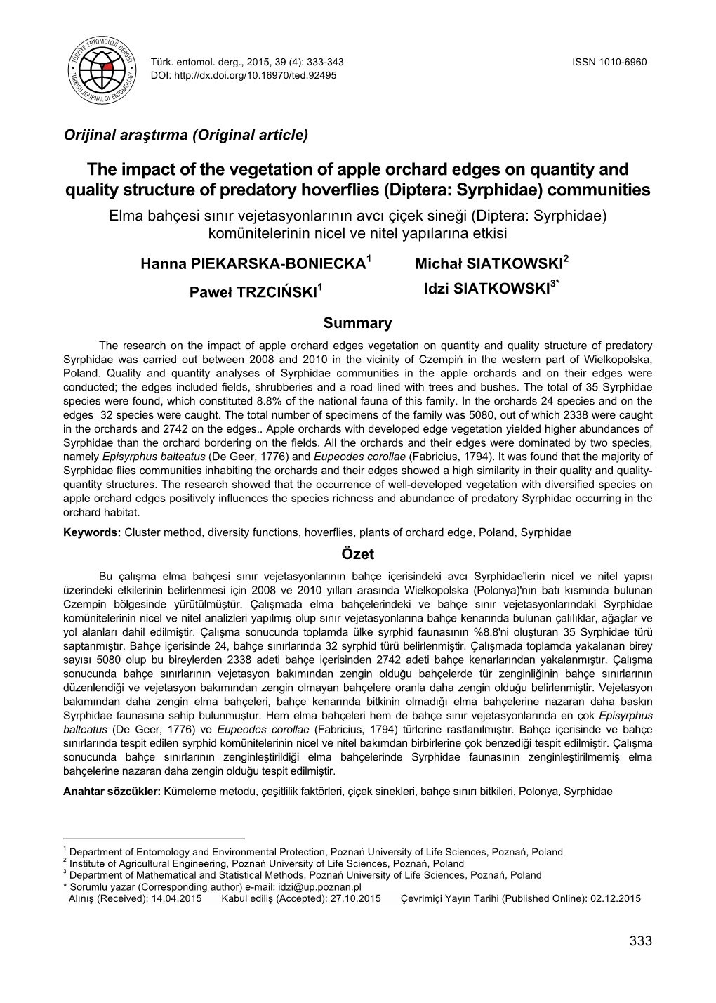 The Impact of the Vegetation of Apple Orchard Edges on Quantity And
