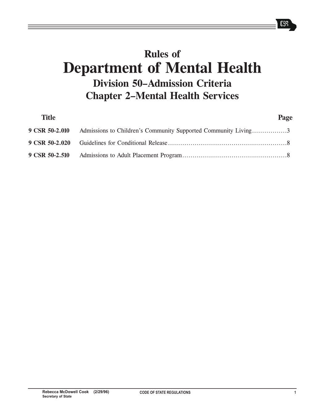 Department of Mental Health Division 50–Admission Criteria Chapter 2–Mental Health Services