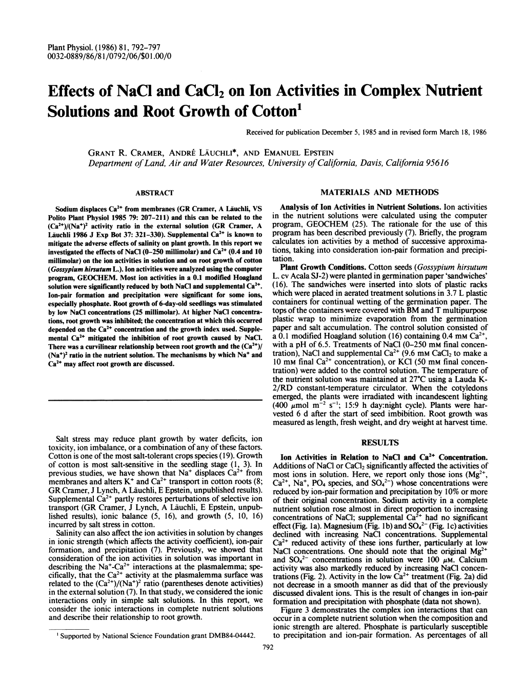 Solutions and Root Growth Ofcotton'