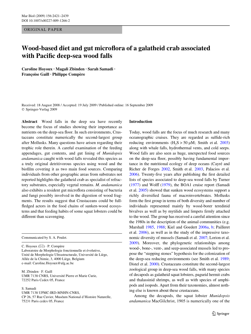 Wood-Based Diet and Gut Microxora of a Galatheid Crab Associated with Paciwc Deep-Sea Wood Falls
