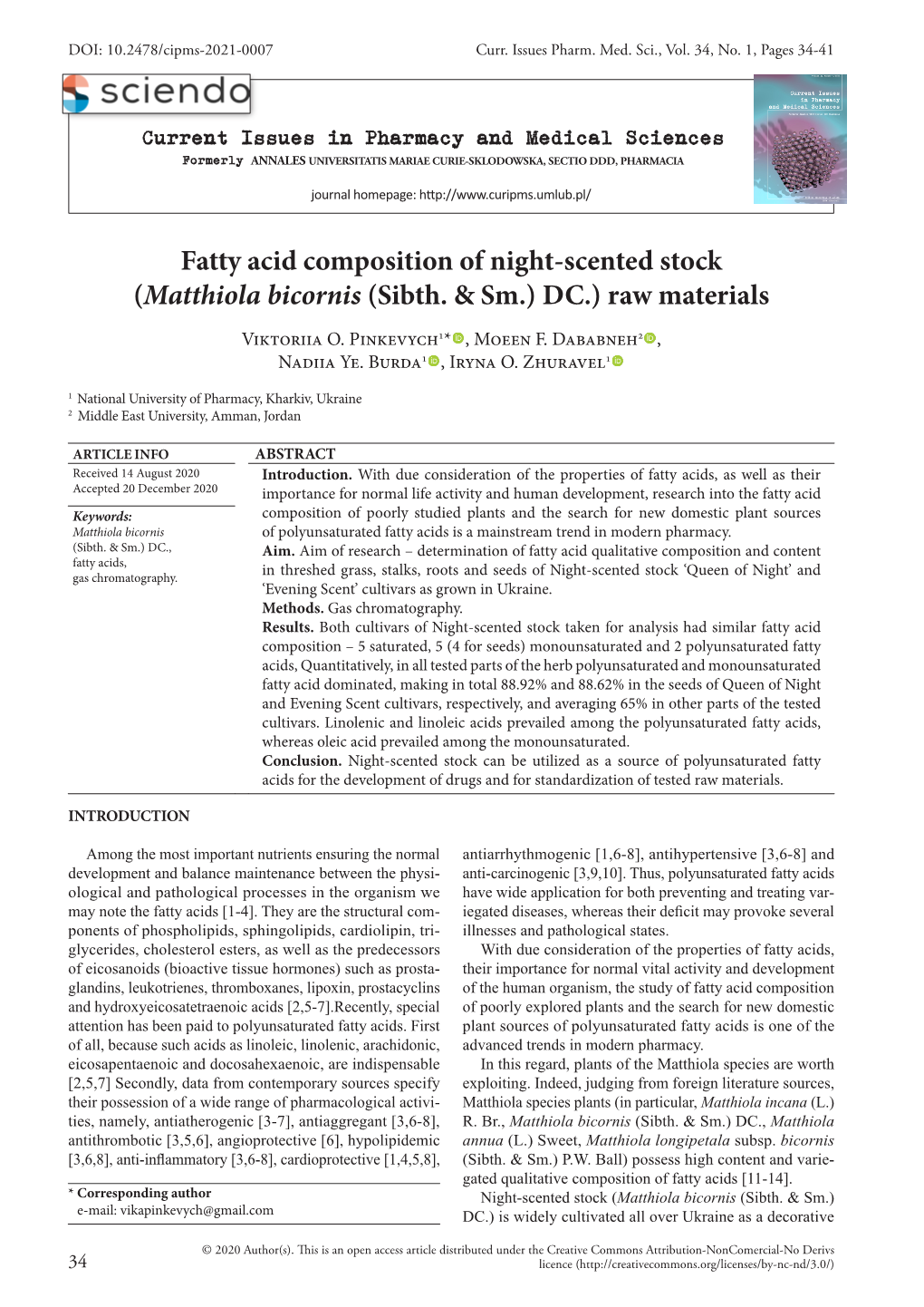 Fatty Acid Composition of Night-Scented Stock (Matthiola Bicornis (Sibth. & Sm.) DC.) Raw Materials