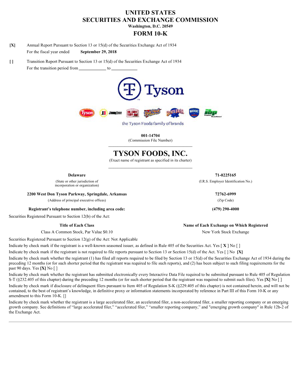 TYSON FOODS, INC. (Exact Name of Registrant As Specified in Its Charter) ______