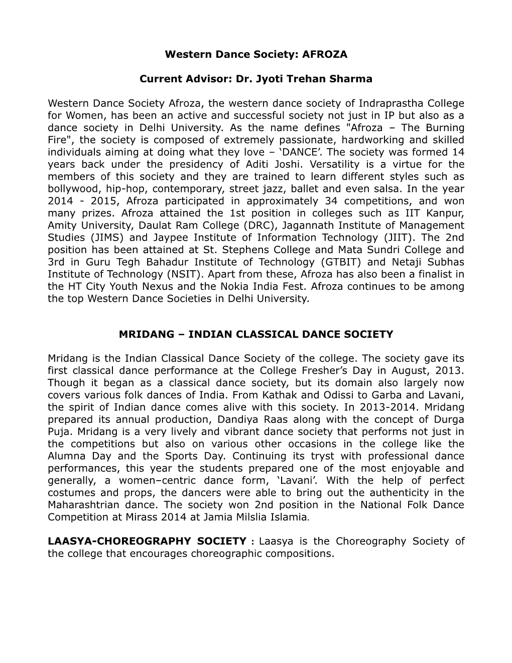 Western Dance Society: AFROZA Current Advisor