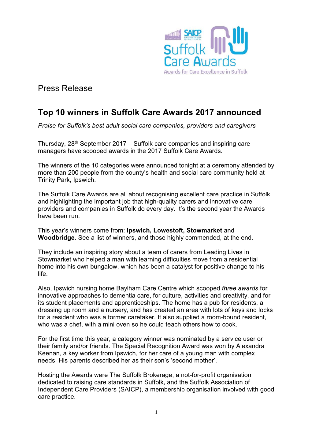 Press Release Top 10 Winners in Suffolk Care Awards 2017 Announced