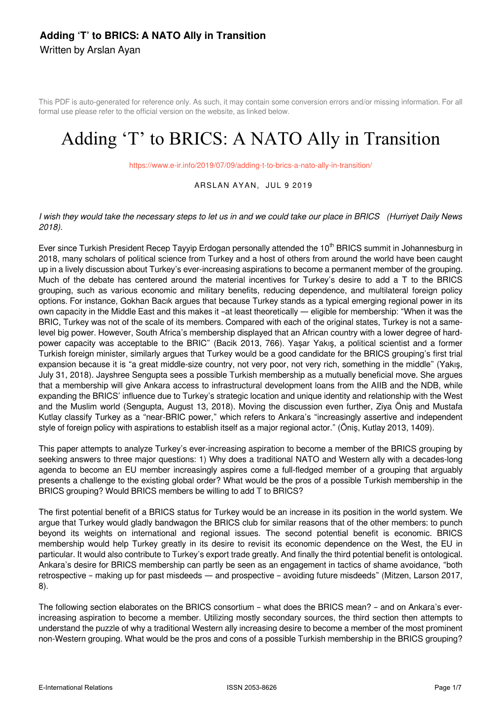 To BRICS: a NATO Ally in Transition Written by Arslan Ayan
