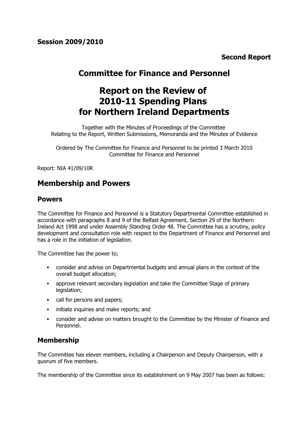 Report on the Review of 2010-11 Spending Plans for Northern Ireland Departments