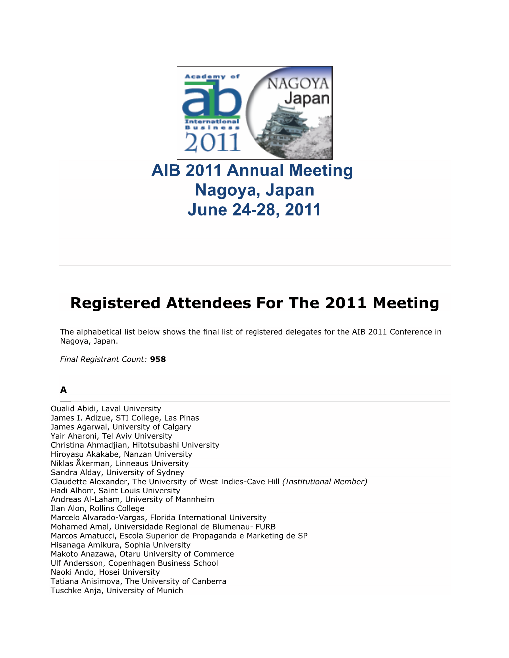 AIB 2011 Annual Meeting Nagoya, Japan June 24-28, 2011