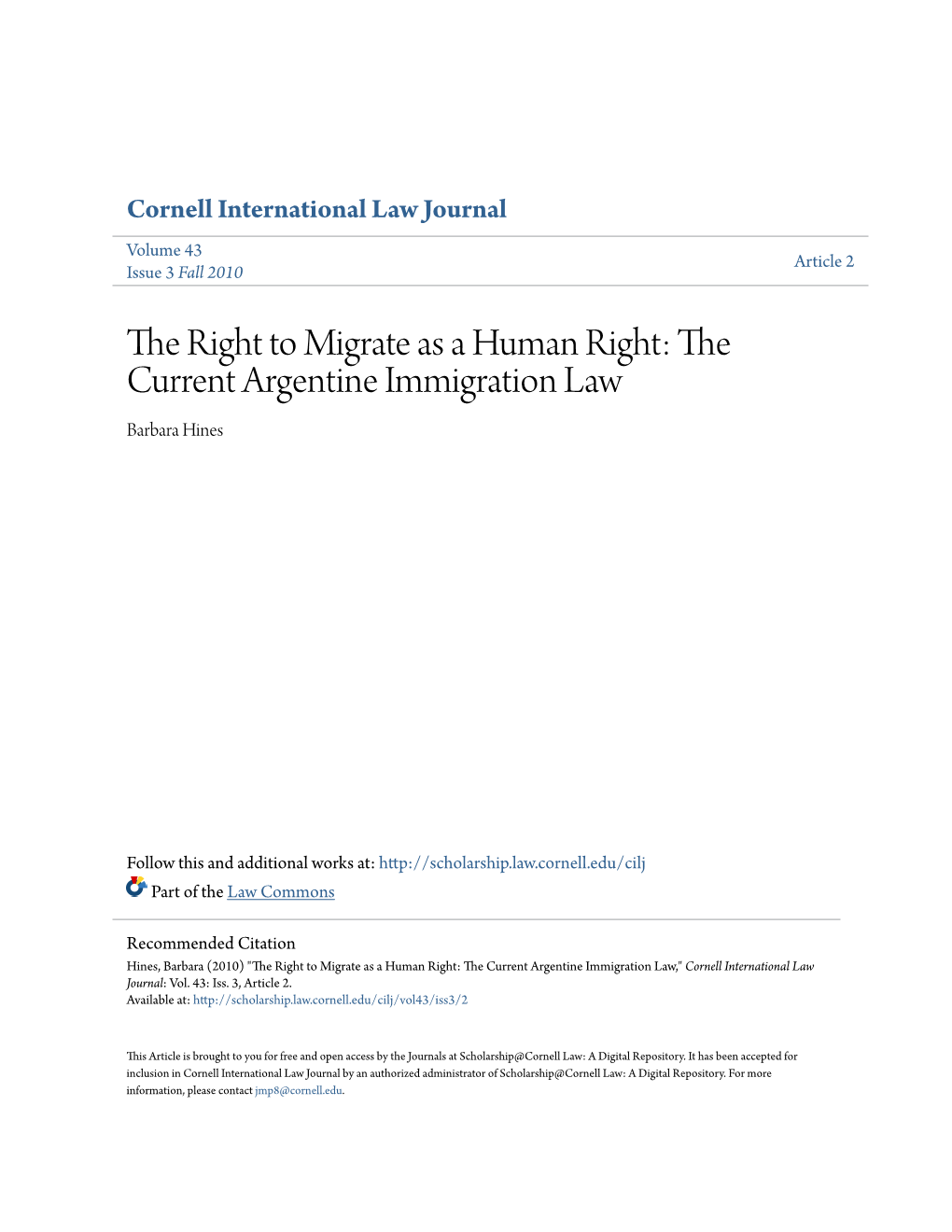 The Current Argentine Immigration Law Barbara Hines