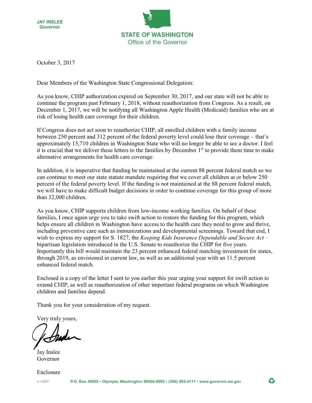 October 3, 2017 Dear Members of the Washington State Congressional