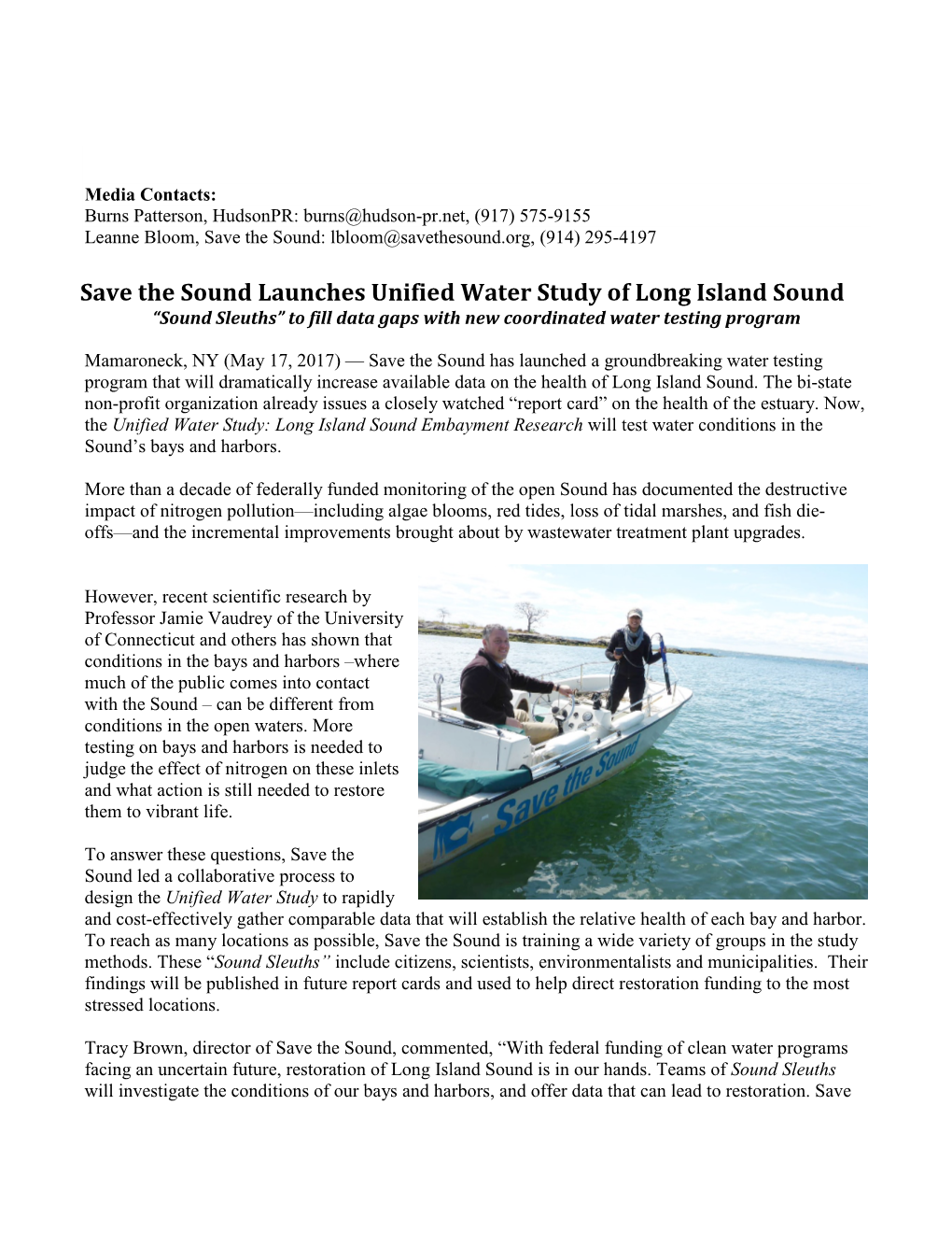 Save the Sound Launches Unified Water Study of Long Island Sound “Sound Sleuths” to Fill Data Gaps with New Coordinated Water Testing Program