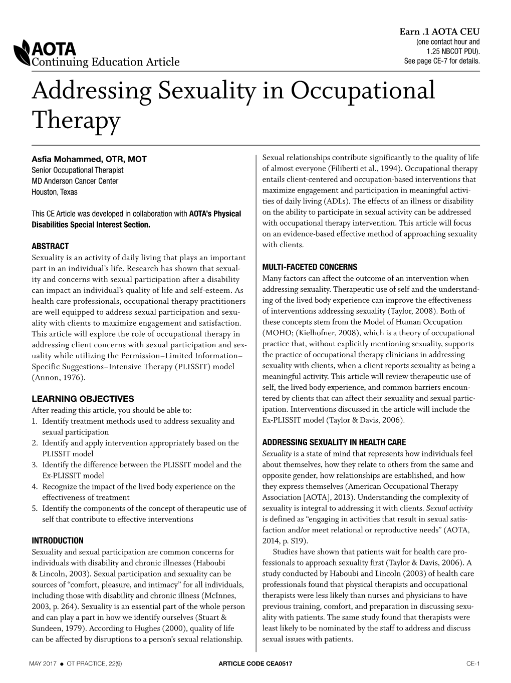 Addressing Sexuality in Occupational Therapy